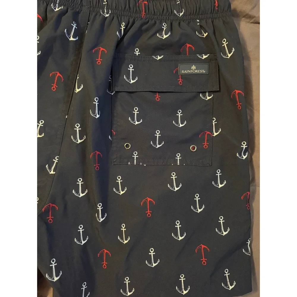 Rainforest Mens Navy Blue Anchor Print Swim Trunks Shorts Large